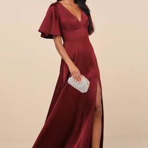 Lulus Elegant Confidence Red Satin Flutter Sleeve Cutout Maxi Dress - Size XL